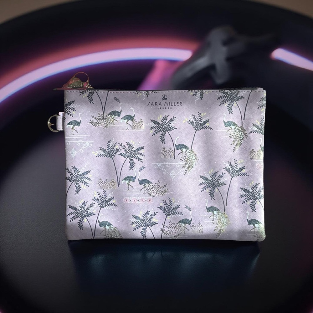 New With Tags L Sara Miller Cosmetic Bag With Zipper, Color Pink Ostrich Palms !